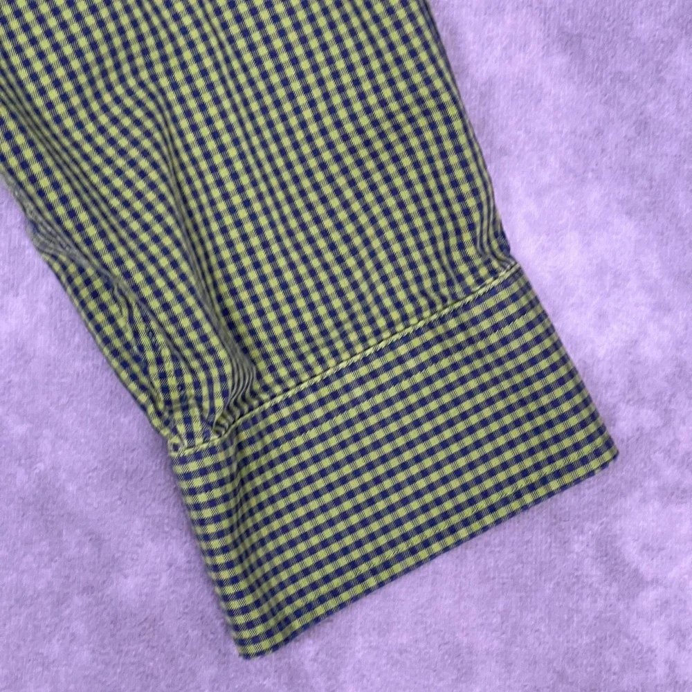 Lands' End Button Down Mens 16-33 Green Gingham No Iron Pinpoint Oxford